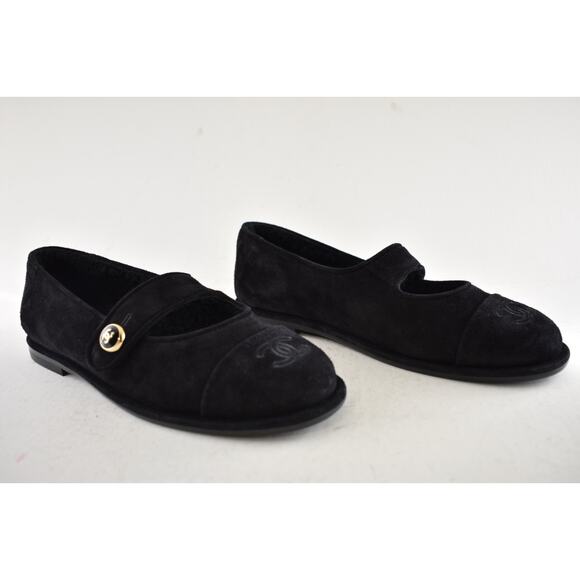 Chanel 25B Black Suede Shearling Fur Mary Jane Moccasin Ballet Loafer Flat 36.5 - Picture 4 of 16
